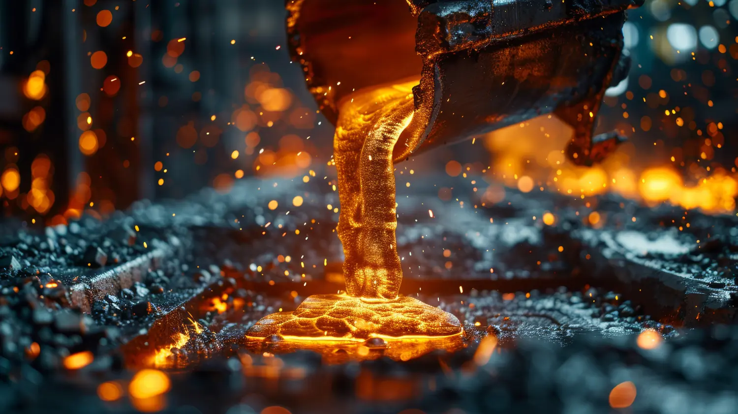 Close-up of hot molten metal being poured into a mold in a foundry, highlighting the intense heat and glowing liquid metal